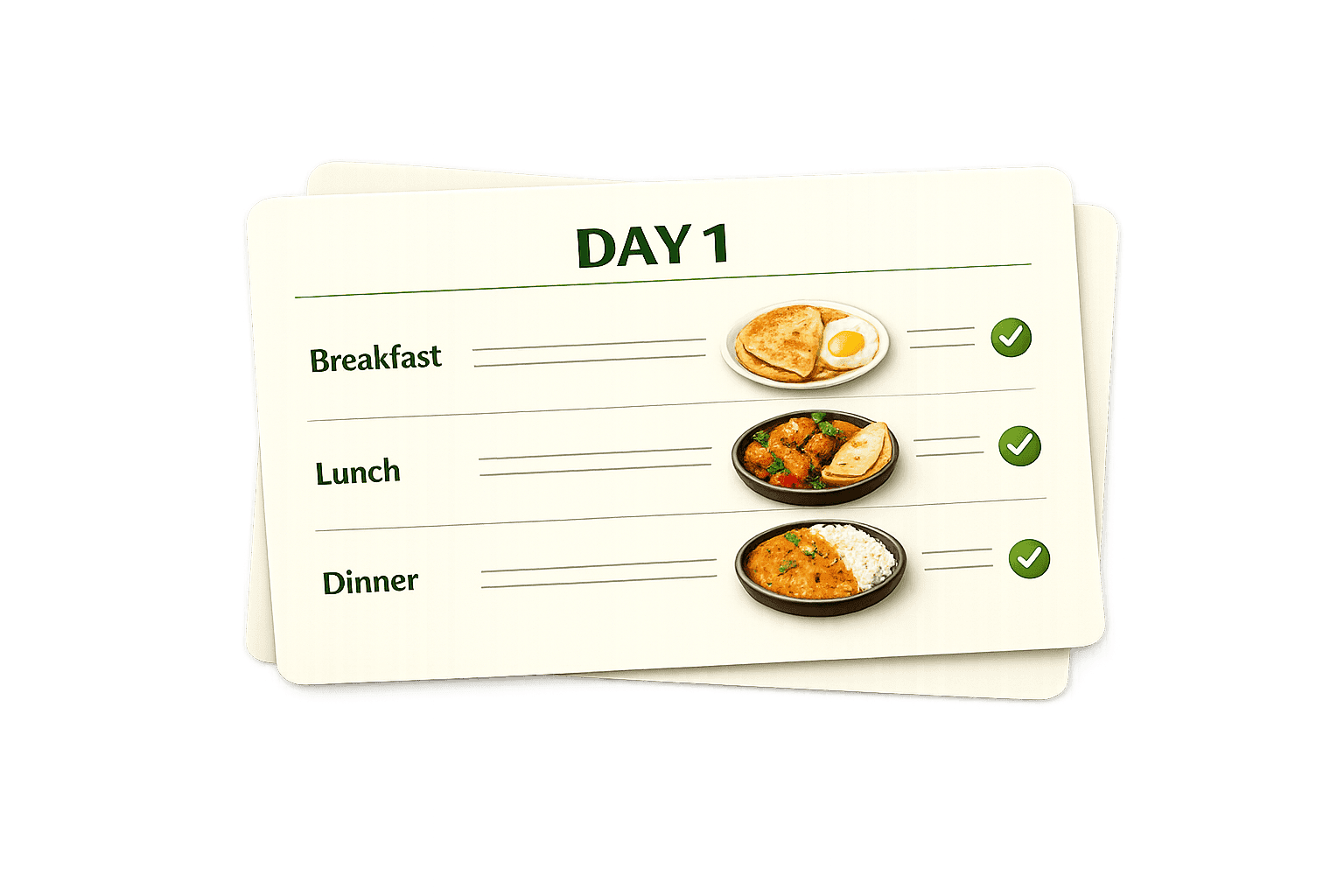 Day 1 meal plan with breakfast, lunch, and dinner