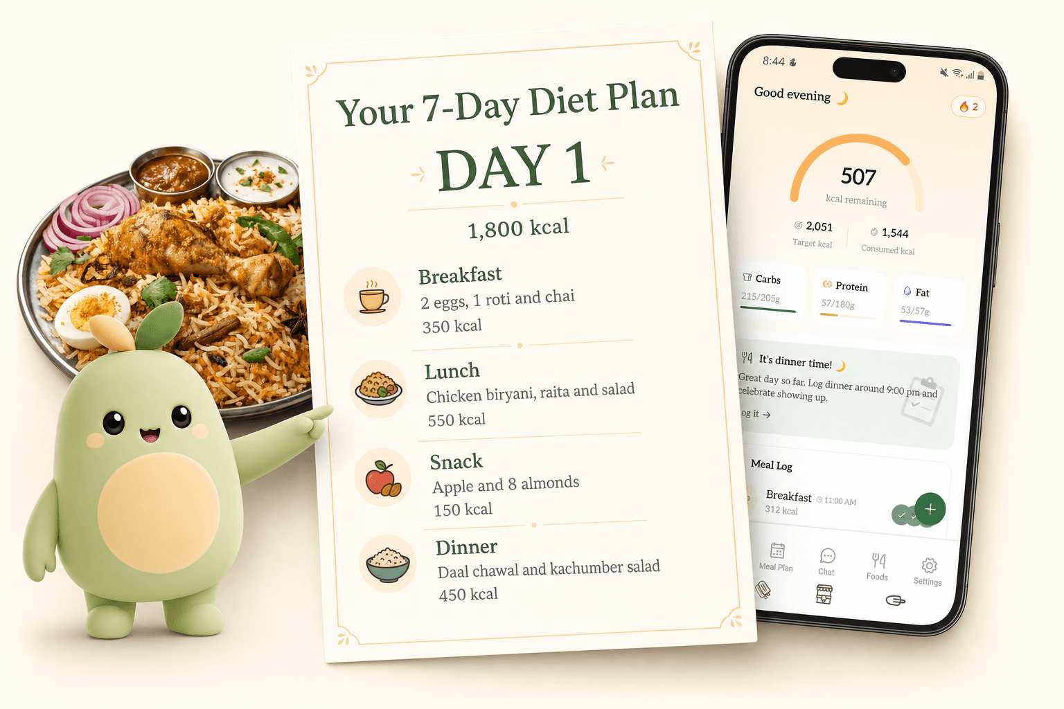 Brio presenting a Day 1 Pakistani diet plan beside chicken biryani and the NutriHygiene mobile app