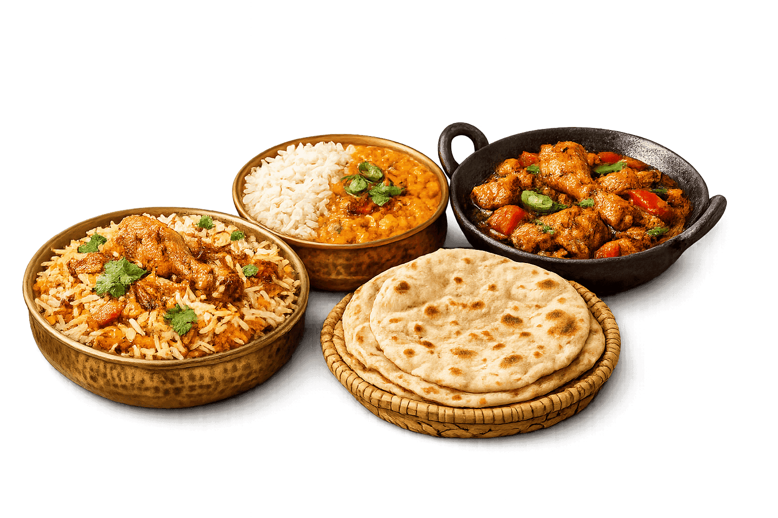 Biryani, daal chawal, chicken karahi, and roti