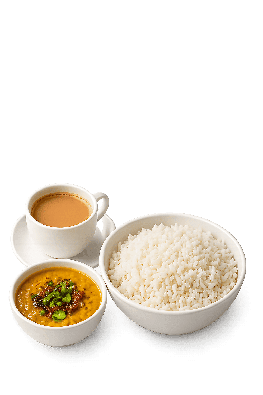A familiar portion of daal, rice, and tea