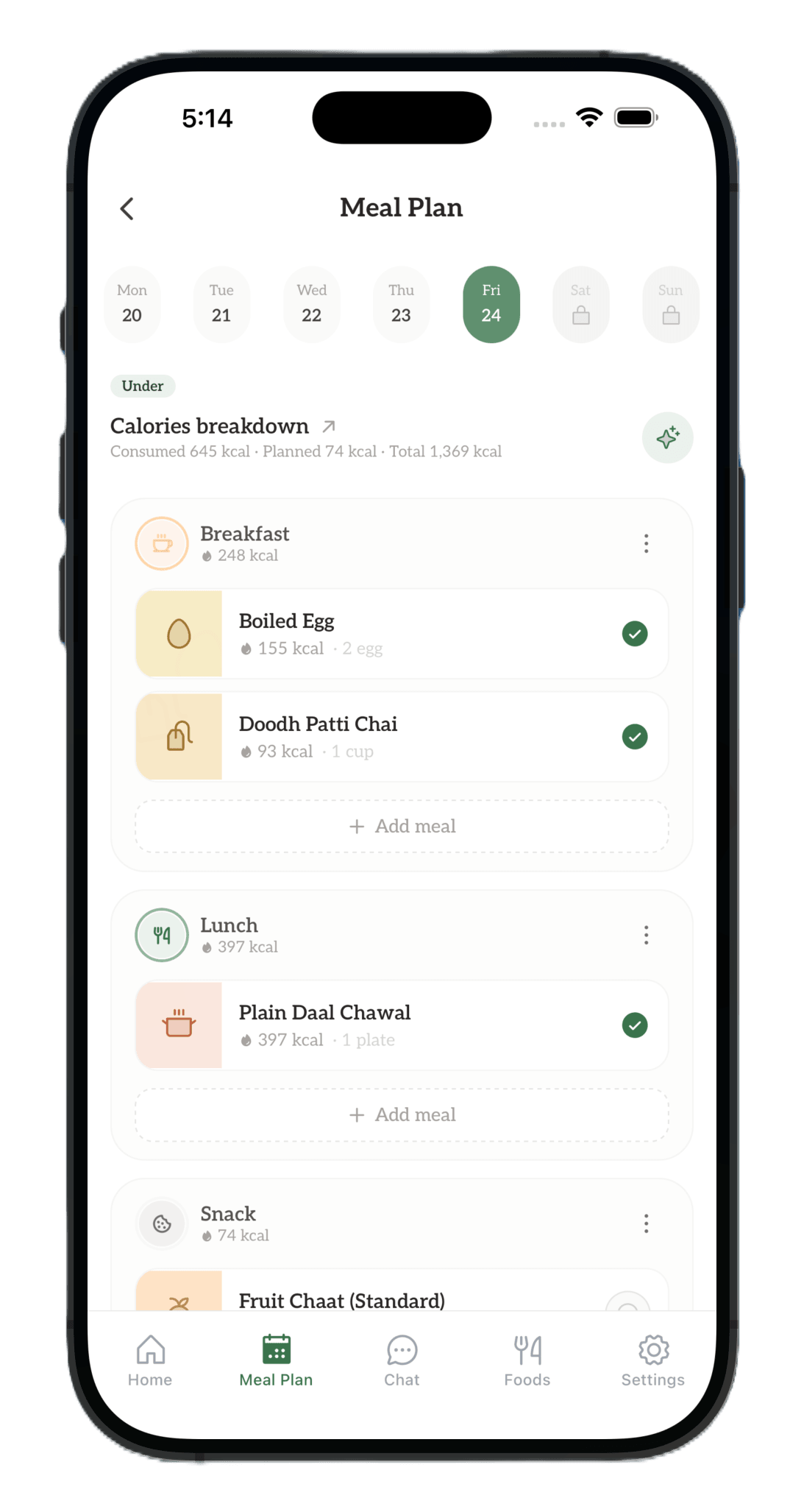 NutriHygiene app meal plan screen showing a week of days with Pakistani meals and their calories
