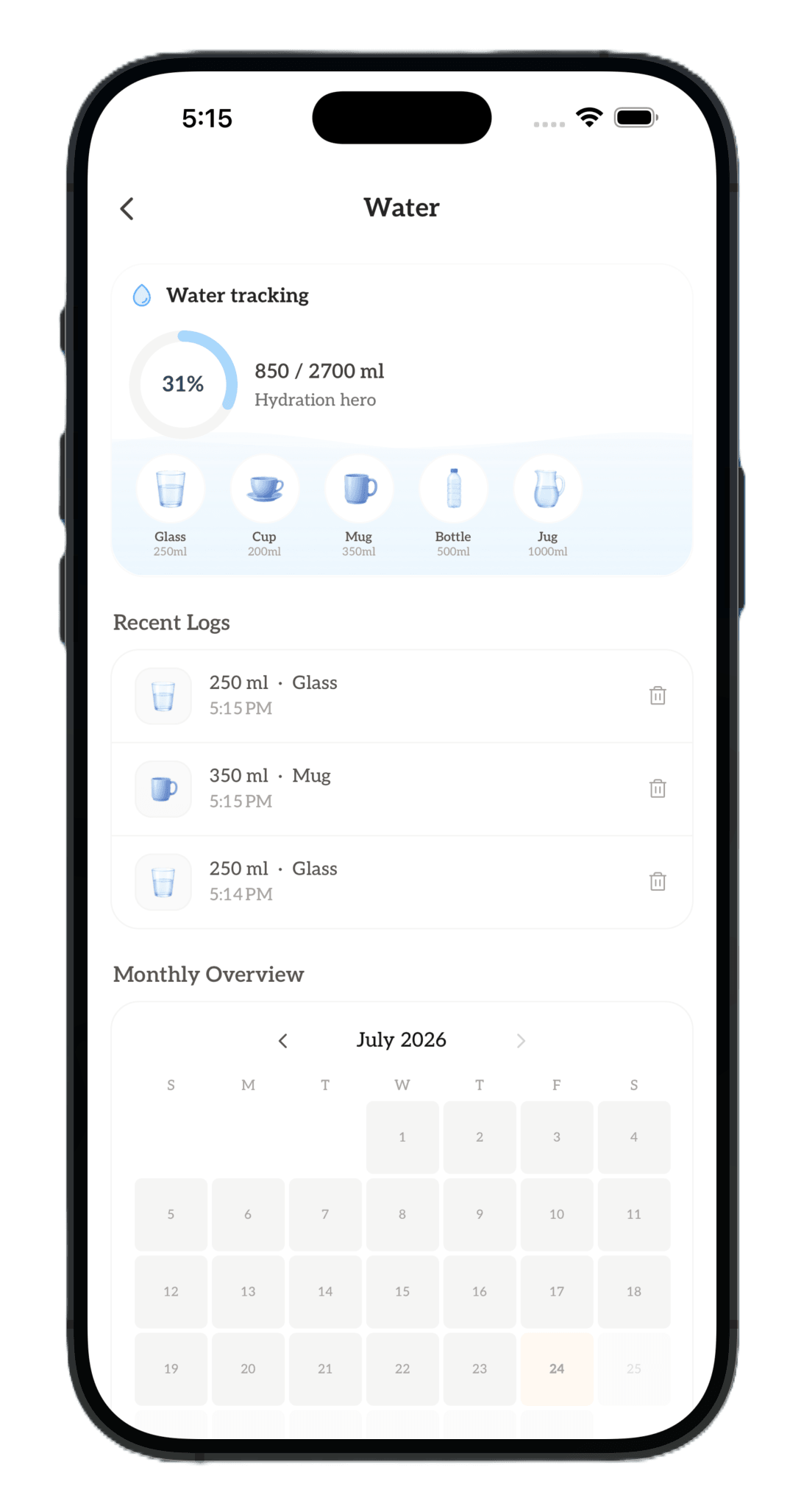 NutriHygiene app water tracking screen with daily progress and recent logs